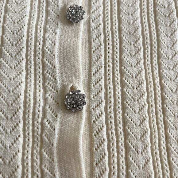 Zara Cream Ruffle Collar Knit Crystal Jewel Button Cardigan Sweater Size Medium - Picture 9 of 9